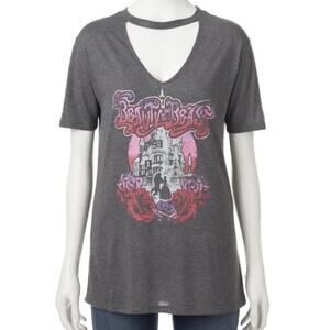Disney Beauty and the Beast Womens Gray Graphic Tee Cutout V-Neck, Size Small